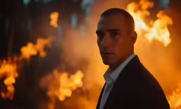 a man in a suit and tie standing next to a bunch of fire