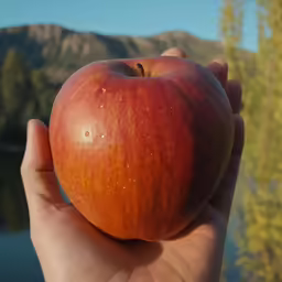 a hand holding an apple above a lake