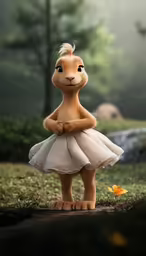 an animal in a ballet outfit standing on grass