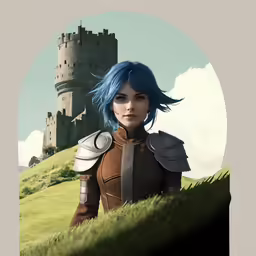 a woman in armor near a castle with blue hair