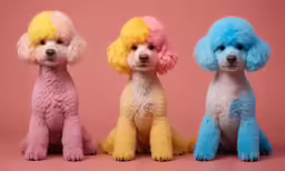 three poodle dogs with different color furs sitting in a row