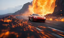 an image of a car driving through a lot of flames