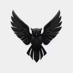 a black bird with wings spread, designed in the form of an owl