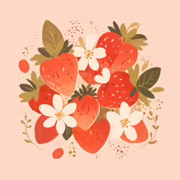 a drawing of strawberries and flowers on a pink background