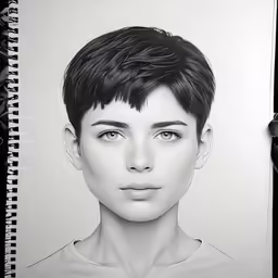 a drawing of a woman with short hair and a smirk