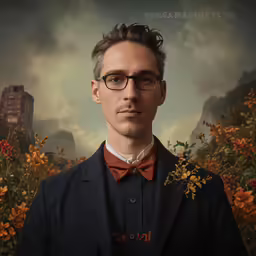 this is a man wearing glasses with flowers on his lap