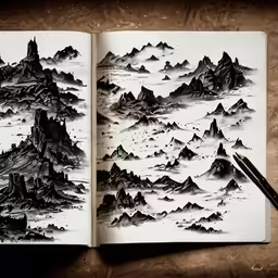 an open book that has drawn mountains and clouds on it