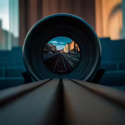 a train track through an lens on a building