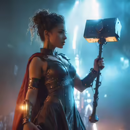 woman in costume holding lantern, in an area with lights