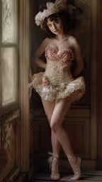 woman in a nude corset and hat with flowers standing against a wall,a sexy woman with very short shorts standing by a window