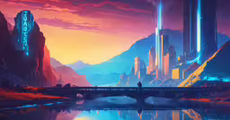 a painting of an alien city with glowing lights,a man standing on a bridge in front of mountains at sunset