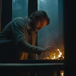 a man lighting a fire with his hands