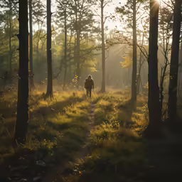 two people walking through an area of grass near trees