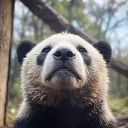 the face of a large, furry black and white bear