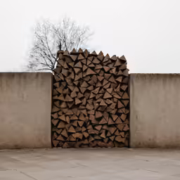 a very large pile of wood in front of a concrete wall