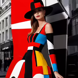 the woman in the dress is standing next to a large sculpture