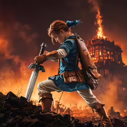 a statue of link, holding a sword in a flamey area
