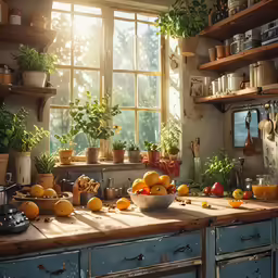 sunlight coming through a window shines onto a counter with some fruit and vegetables