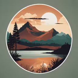 a picture of a mountain range with a lake in the middle and sun rising over water,a landscape image with trees, mountains and water