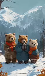 four bears posing in the snow, one with an orange scarf