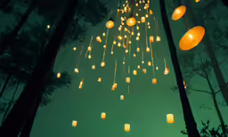 an abstract scene of paper lanterns hanging from the trees