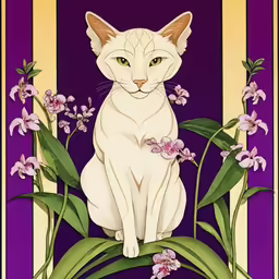 a white cat sits in front of purple background with green leaves