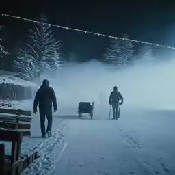 a man walking his bike down a snowy road in the night