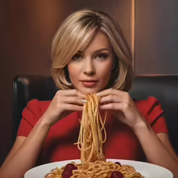 woman at a table holding up pasta with a fork over the top