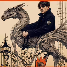 a man sitting on top of a large statue of a dragon