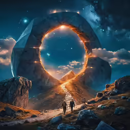 two people are walking through an artwork work in the middle of a rocky field