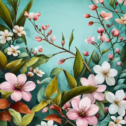 a painting of pink flowers and green leaves