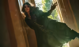 a woman dressed in an elegant dress leaning up against a window