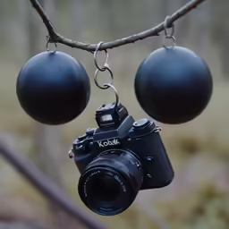 a small black camera hanging from a tree branch