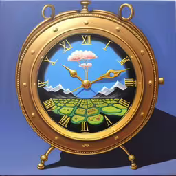 a painting of a gold clock with a mountain lake,a golden clock with an abstract picture of flowers on the inside,a gold clock with black and blue artwork on it,the painting on this clock is an optical illusion,a clock sitting on a table against a blue background