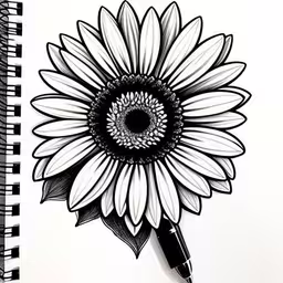 an ink drawing of a sunflower with a black and white circle,a drawing of a sunflower in black and white