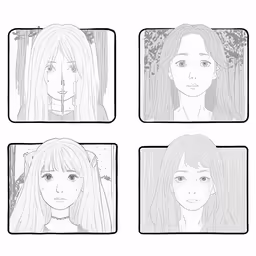 four different female faces drawn in black ink
