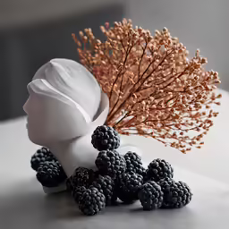 the image shows berries next to the sculpture