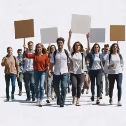 a group of people walking with signs in their hands