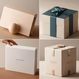 four images show a present box that has been wrapped in an intricate ribbon