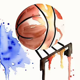 a watercolor drawing of a basketball sitting on top of a rack,watercolor of a basketball stuck on a railing,a drawing of a basketball sitting on top of a chair,an illustrated drawing of a basketball on a rack,a basketball sitting on a rack next to colored paint splatters