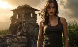 a woman is standing in front of a large rock structure
