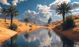 desert land with palm trees and blue sky with clouds
