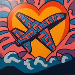 a painting with a heart and airplane flying above it
