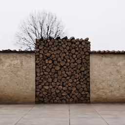 the large stack of logs sits against a wall
