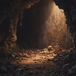 an empty trail of rocks leading into a light filled cave