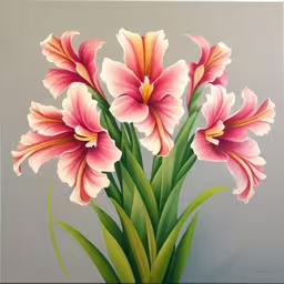 a painting of pink flowers on a grey background,a painting of flowers is shown in the picture,this is a painting of pink and yellow flowers,some beautiful flowers are being displayed on the wall,the pink flowers are in front of the gray wall