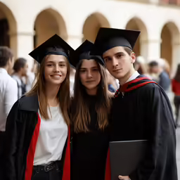 a woman is standing between two young people