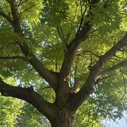 a tree trunk with lots of green leaves