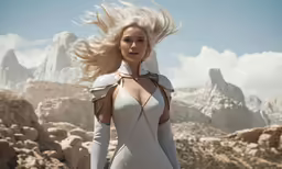 the blonde woman in an off white gown has her hair flying