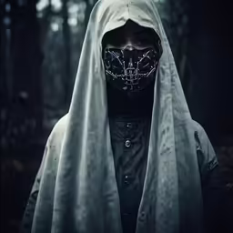 a hooded man with an artificial face and veil